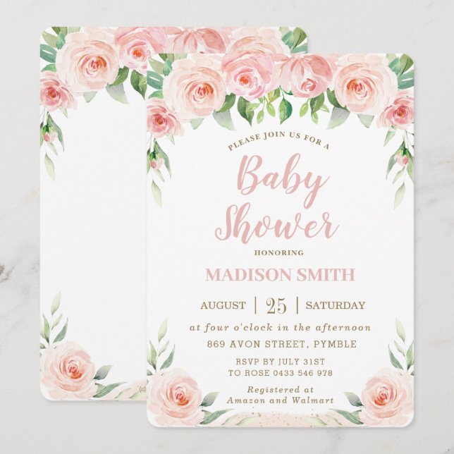 Sweet Chic Blush Pink Floral Greenery Baby Shower Invitation (Front/Back)