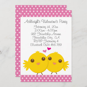 Sweet Chicks in Love Pink Kids Valentines Party Invitation
