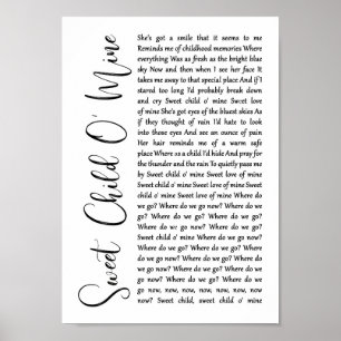 Sweet Child O' Mine White Script Song Lyric Print