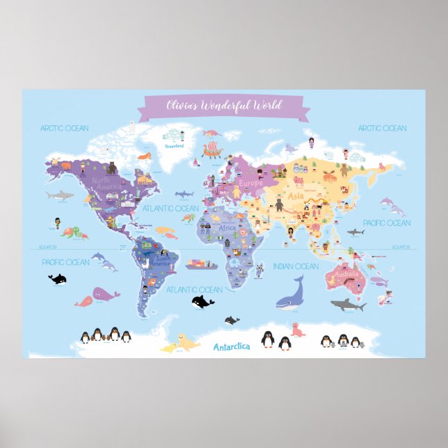 Sweet Children's World Map with Illustrations Poster (Front)
