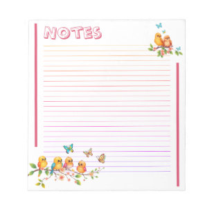 Sweet Chirpy Yellow Birds & Butterflies Lined Notepad