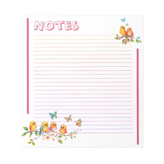 Sweet Chirpy Yellow Birds & Butterflies Lined Notepad (Front)