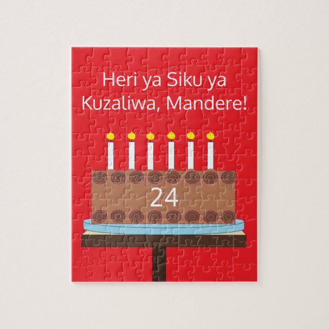Sweet, Chocolate Birthday Cake - Swahili: Red Jigsaw Puzzle (Vertical)