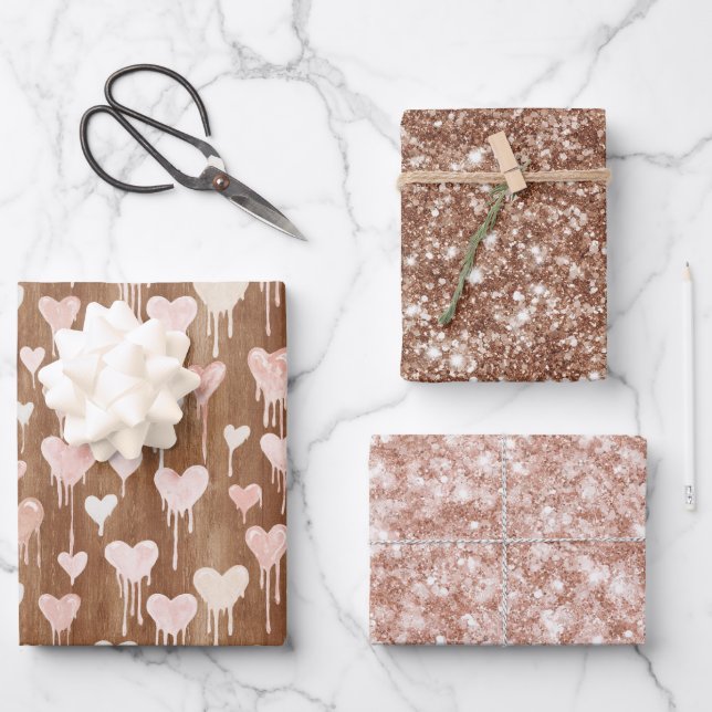 Sweet Chocolate Hearts Cream Brown Pink Glitter Wrapping Paper Sheet (Front)