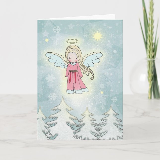 Sweet Christmas Angel above the Trees Holiday Card (Front)