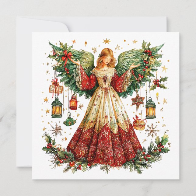 Sweet Christmas Angel with lighted lanterns Holiday Card (Front)