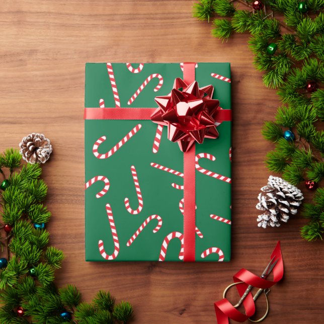 Sweet Christmas Candy Canes Dark Green Seamless Wrapping Paper (Holiday Gift)