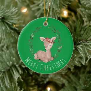 Sweet Christmas Fawn Wreath  Ceramic Tree Decoration