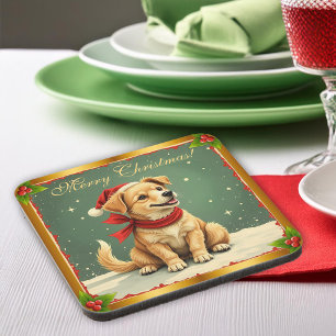 Sweet Christmas Golden Puppy  Coaster