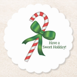 Sweet Christmas Holiday Candy Cane with Green Bow  Paper Coaster