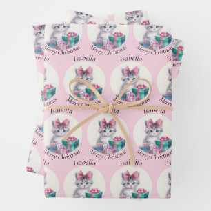 Sweet Christmas Kitten Big Pink Bow Add Name Wrapping Paper Sheet