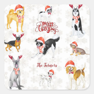 Sweet Christmas Santa hat Dogs Monogram Square Sticker