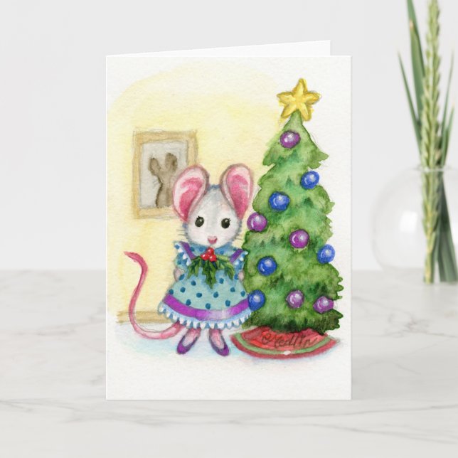 Sweet Christmas Tree Mouse Cute Holiday Card (Front)