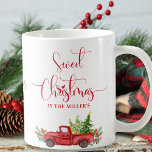 Sweet Christmas Vintage Red Truck, Holiday Coffee Mug<br><div class="desc">Customise this beautiful Christmas holiday mug with your own text at the bottom, add family name or anything you like! Design with attractive "Sweet Christmas" phrase in red hand written Script typography. Below gorgeous watercolor old fashion vintage red truck carrying Christmas trees on the back. In the middle small detail...</div>