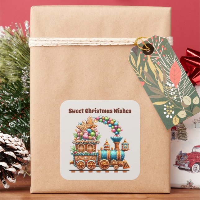 Sweet Christmas wishes gingerbread train Square Sticker (Holiday)