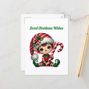 Sweet Christmas Wishes peppermint elf  Holiday Postcard