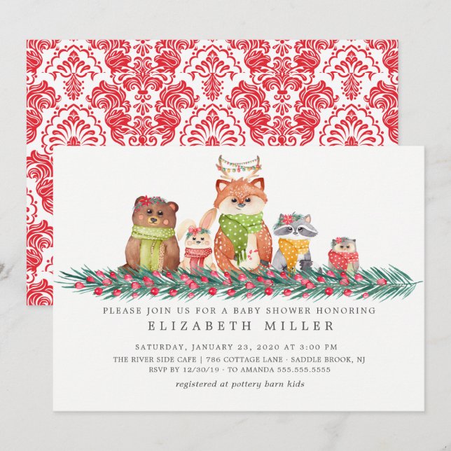 Sweet Christmas Woodland Animals Baby Shower Invitation (Front/Back)