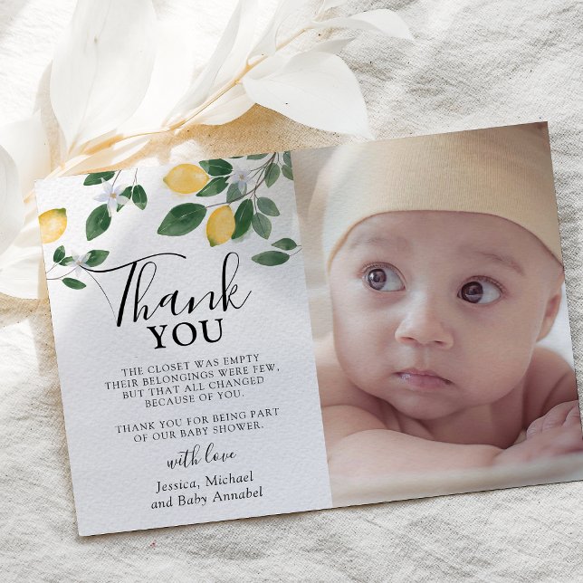Sweet Citrus Lemon & Greenery Baby Shower Photo Thank You Card (Creator Uploaded)