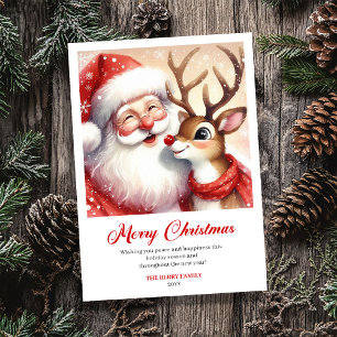 Sweet Classic Santa With Rudolph Holiday Greeting Card