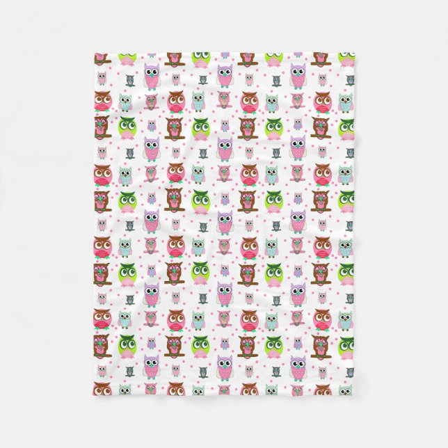 Sweet Colourful Cartoon Owls Fleece Blanket (Front)