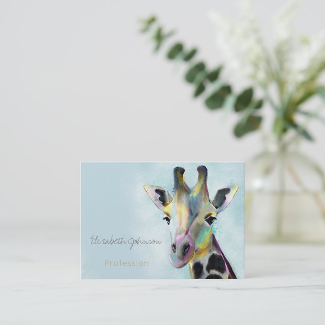 Sweet Colourful Giraffe Portrait Painting Business Card (Standing Front)