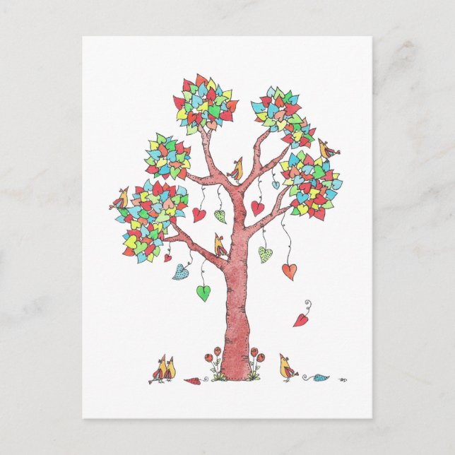 Sweet Colourful Heart Leaves and Birds Design Postcard (Front)