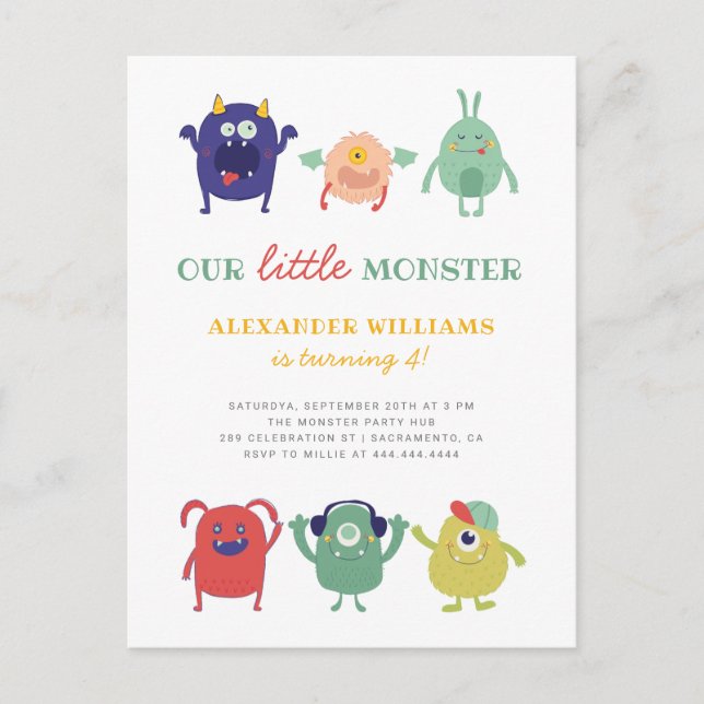 Sweet Colourful Little Monster Kid's Birthday Invitation Postcard (Front)