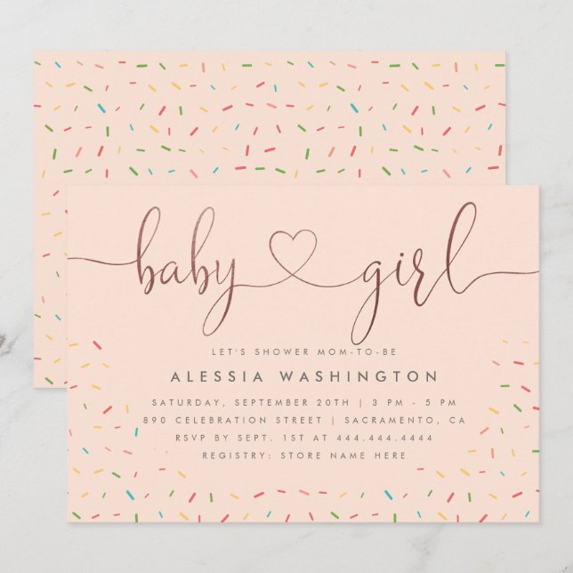 Sweet Colourful Sprinkle Rose Gold Girl Baby Showe Invitation (Front/Back)