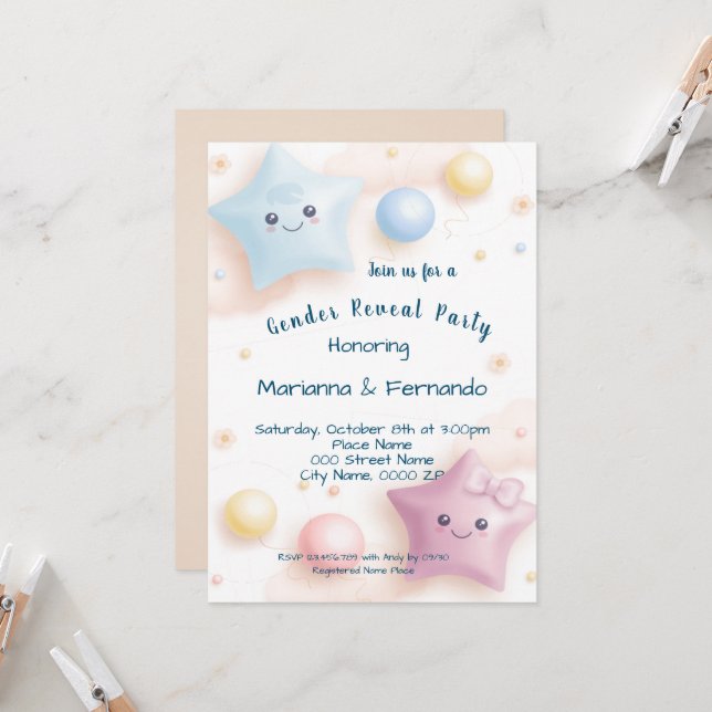 Sweet Colourful Stars Gender Reveal Party Invitation (Front/Back In Situ)