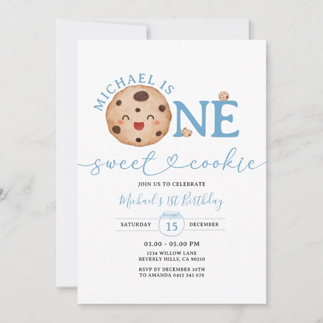 Sweet Cookie Boy First Birthday Blue Gingham Jar Invitation (Front)
