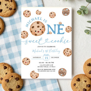 Sweet Cookie Boy First Birthday Blue Gingham Jar Invitation
