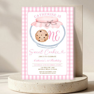 Sweet Cookie Girl First Birthday Pink Gingham Jar Invitation