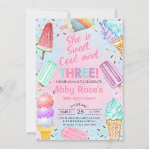 Sweet, Cool and Three girl 3rd birthday invite. Invitation