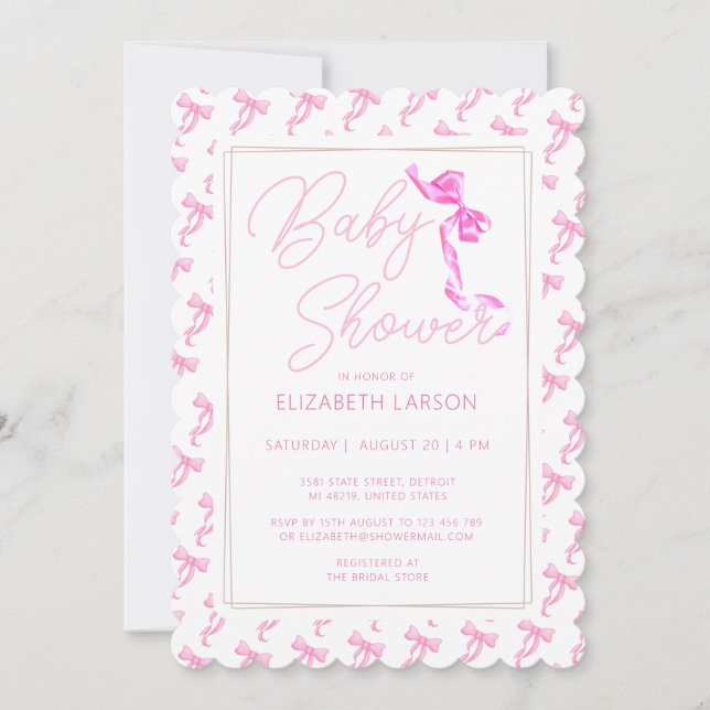 Sweet Coquette Pink Bow Tie Elegant Baby Shower Invitation (Front)