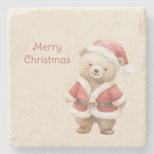 Sweet Cream Bear Santa Christmas Stone Coaster