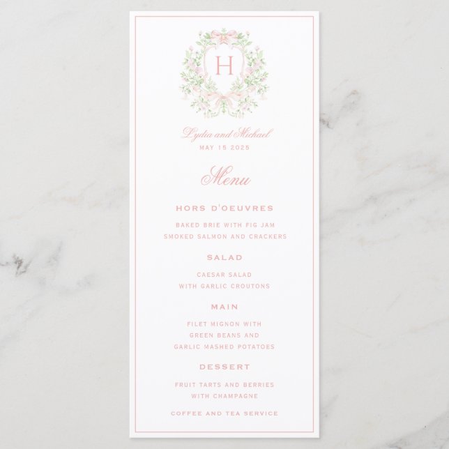 Sweet Crest Monogram 4 Course Wedding  Menu (Front)