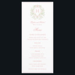 Sweet Crest Monogram 4 Course Wedding  Menu<br><div class="desc">The elegant watercolor monogram crest gives this wedding menu a beautiful and timeless look that any sophisticated bride will love.   Personalise with your initial inside the crest. All text can be edited

Colours include,  light pink and green</div>
