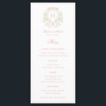 Sweet Crest Monogram 4 Course Wedding  Menu<br><div class="desc">The elegant watercolor monogram crest gives this wedding menu a beautiful and timeless look that any sophisticated bride will love.   Personalise with your initial inside the crest. All text can be edited

Colours include,  light pink and green</div>
