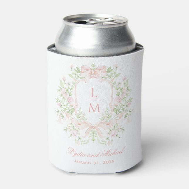 Sweet Crest w/ Blush Pink Bows | Monogram Wedding Can Cooler (Can Front)