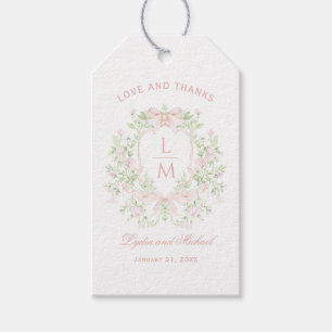 Sweet Crest w/ Blush Pink Bows Monogram Wedding Gift Tags