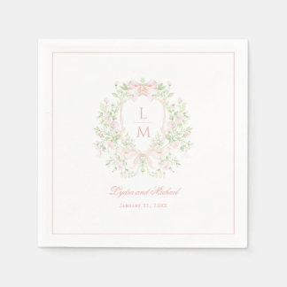 Sweet Crest w/ Blush Pink Bows | Monogram Wedding Napkin