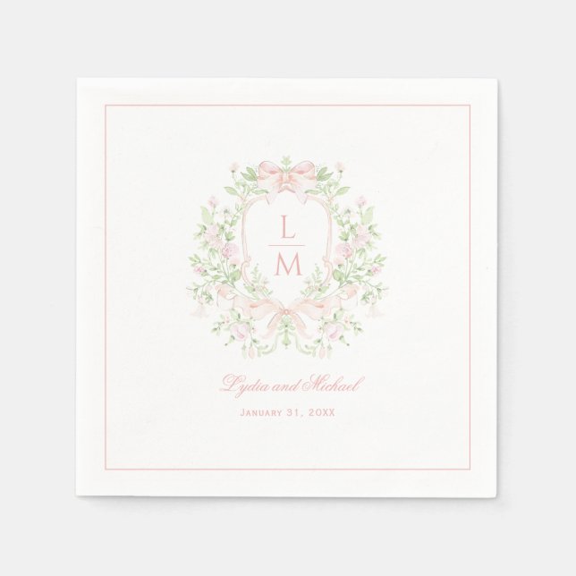 Sweet Crest w/ Blush Pink Bows | Monogram Wedding Napkin (Front)