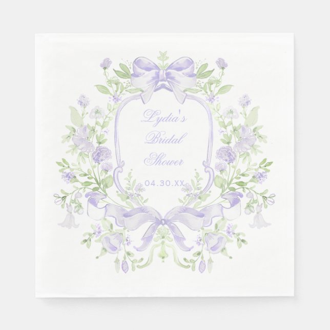 Sweet Crest w/ Lavender Bows | Bridal Shower Napkin (Front)