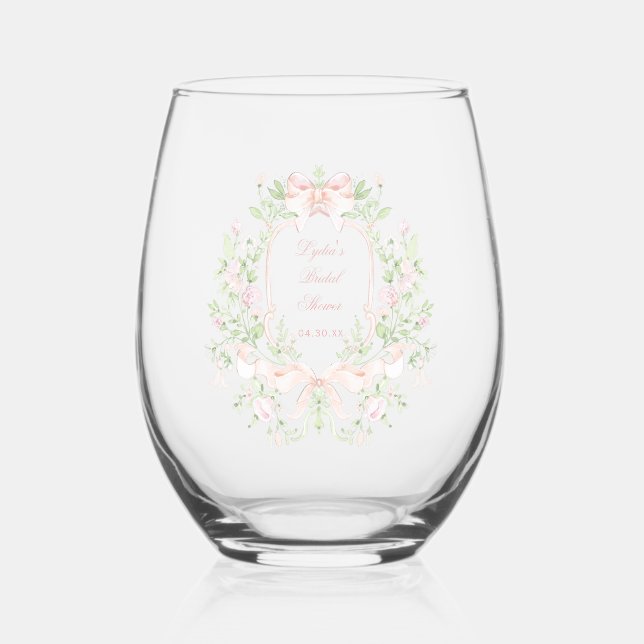 Sweet Crest w/ Pink Bows | Monogram Bridal Shower Stemless Wine Glass (Front)