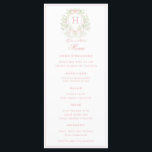 Sweet Crest w/ Pink Bows | Monogram Wedding  Menu<br><div class="desc">The elegant watercolor monogram crest gives this wedding menu a beautiful and timeless look that any sophisticated bride will love.   Personalise with your initial inside the crest. All text can be edited

Colours include,  light pink and green.</div>