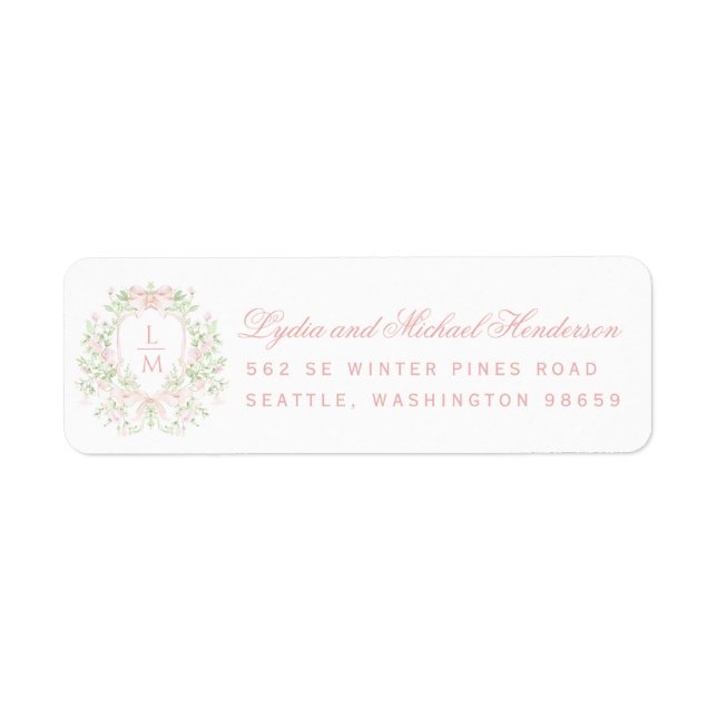 Sweet Crest with Pink Bows Wedding Return Address (Front)