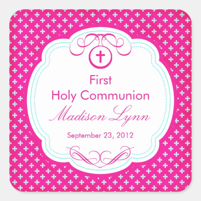 Sweet Cross In Frame First Holy Communion Pink Square Sticker (Front)