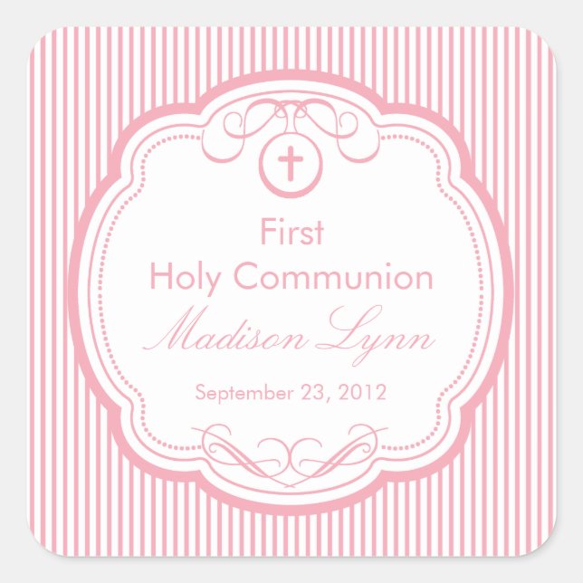 Sweet Cross In Frame First Holy Communion Pink Square Sticker (Front)