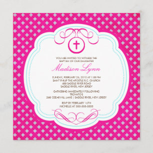 Sweet Cross Pink Baby Girl Baptism Invitation