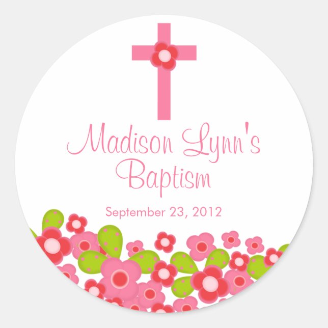 Sweet Cross Pink Floral Baptism Favour Seal (Front)